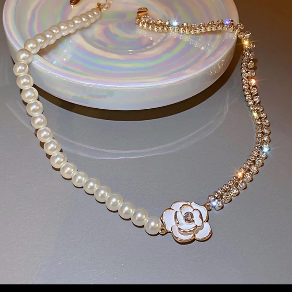 Rhinetone, Pearl & Sparkly Fringe Necklace & Earring Set - Picture 8 of 8